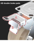 Close-up of AB double brake pads on 4 Pack Heavy Duty 125 Millimeter Swivel Casters With Brakes And Dual Locking Wheels.