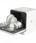 Automatic Portable Countertop Dishwasher With 6 Liter Built In Water Tank For Renters And Tiny Kitchens High Temp Air Cycle Sanitizes Plates No Plumbing Needed Quick Setup For 2 To 4 Person Households showing clean dishes in the rack.