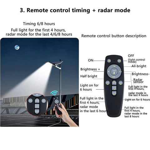 Rock Solid Solar Flood Lights With Motion Sensor And Pocket Remote Waterproof Outdoor Yard And Driveway Bulbs showing remote control features and settings for timing and brightness adjustments.