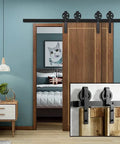 Premium Heavy-Duty Sliding Barn Door Hardware Kit With Oversized Rollers For Double Doors Includes Black 9Ft Runners and stylish installation.