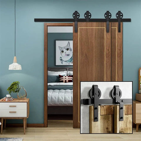 Premium Heavy-Duty Sliding Barn Door Hardware Kit With Oversized Rollers For Double Doors Includes Black 9Ft Runners and stylish installation.