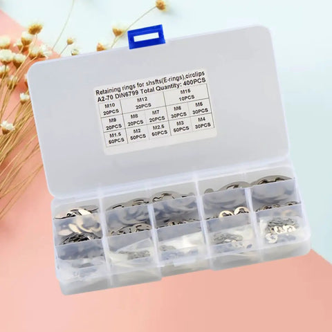 Stainless Steel E Shaped Retaining Ring Set Dope 400-Piece Shaft Clip Kit M1.5 To M15 in plastic organizer box.