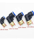 Twenty Piece Pneumatic Air Fittings Kit Tube Connectors In 10mm 12mm 14mm 16mm With M5 Threads Three Quarters Inch And One Half Inch Hose Adapters Includes 1 Way And 2 Way Pipe Connectors, black plastic and brass elbow fittings
