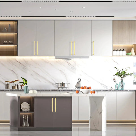 Modern kitchen featuring 10 Pack 10 Inch Brushed Gold Cabinet Handles For Kitchen Drawers And Cupboards on stylish cabinets.