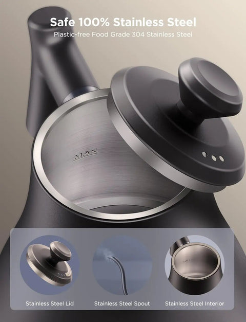Smart Electric Kettle With WiFi And Alexa Control For Home Baristas Gooseneck Pour Over Kettle With Variable Temperature 1200W Quick Heat 0.8L Capacity One Hundred Percent Stainless Steel Matte Black, showing lid and interior design