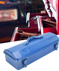 Heavy Duty Iron Tool Chest Organizer With Secure Padlock Clasp And Dual Carry Grips, blue steel toolbox with latch and handle.