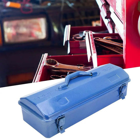 Heavy Duty Iron Tool Chest Organizer With Secure Padlock Clasp And Dual Carry Grips, blue steel toolbox with latch and handle.