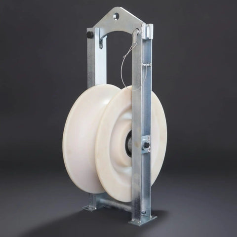 Heavy Duty Galvanized Cable Pulley Block With Rotating Hook And Quiet Nylon Sheave Built Like A Tank With Channel Steel Housing for overhead lifting.