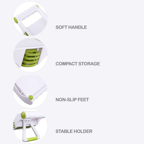 GProMe white mandoline slicer with green accents; soft handle, compact storage, non-slip feet, stable holder.