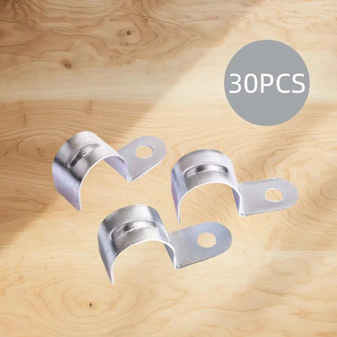 Thirty Pack Three Quarter Inch EMT Conduit Straps Zinc Plated Steel Single Hole Clamps For Electrical Metallic Tubing on wooden background