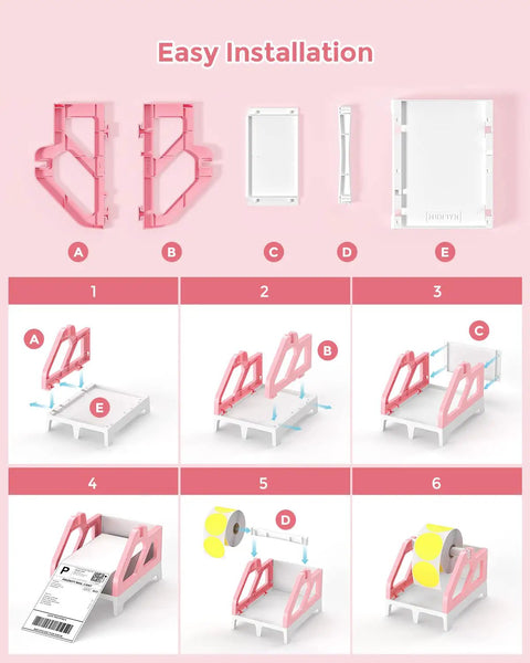 Assembly guide for Heavy Hitter Universal Thermal Shipping Label Holder And Fan Fold Roll Organizer No Sweat Paper Dispenser Stand Pink.