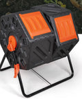 31 Gallon Dual Chamber Rotating Compost Bin With Tumbling Action No Dig Easy Turn Sliding Doors And Aeration System BPA Free Garden Compost Tumbler For Quick Effortless Mix Bright Orange on stand