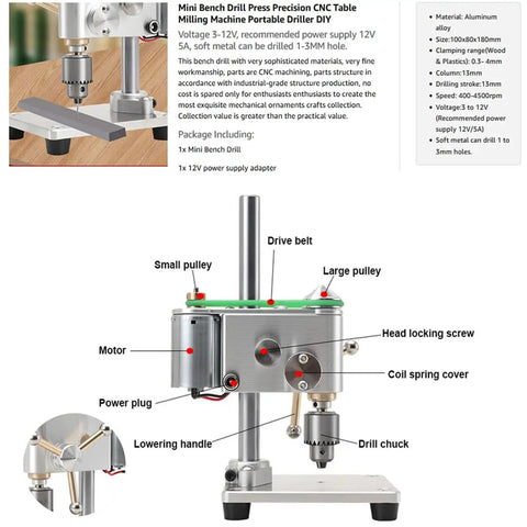 Mini Drill Press With Variable Speed Benchtop Portable Drill Press For Metal Wood DIY Jewelry Making And Crafts JT0 Chuck shown with components labeled