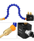 Game Changer Coolant Sprayer System For Cnc Machining showing flexible blue coolant hose and brass nozzle for efficient lubrication.