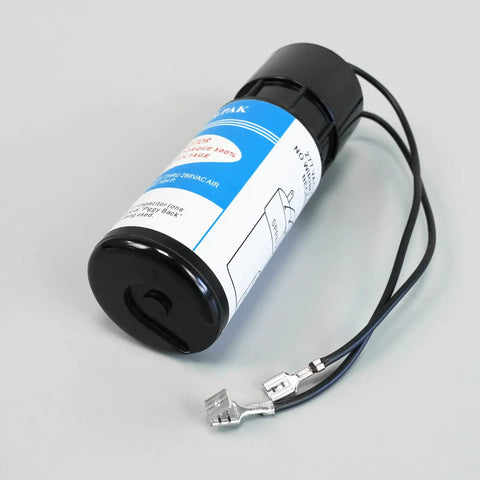 Rock Solid Beefed Up Hard Start Capacitor Boosts Compressor Torque By Five Hundred Percent To Kickstart Seized AC Motors And Rescue Struggling RV Refrigerators Today - Side view of capacitor with wires.