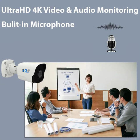 Top Shelf 32 Channel 4K Security Camera System With 24 Heavy Duty Waterproof 8Mp Poe Turret Cameras Face Recognition Smart Ai Motion Detection And Hella Sharp Night Vision, UltraHD 4K camera monitoring a meeting.