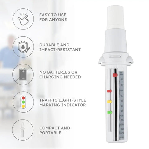 Image of a Manual Peak Flow Meter PEF Tester For On The Go Tracking And Monitoring Peak Expiratory Flow Rate with features listed.