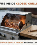 Two Pack Rolling Grill Basket For Even Cooking With Lid And Removable Wooden Handle in closed gas grill
