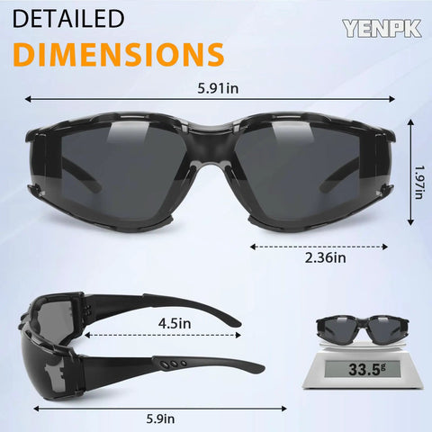Premium Wrap Around Antifog Safety Glasses With Protective Eyewear And Foam Seal Gasket Offering Kick Ass Impact Shield and Snag Free Vision On Heavy Duty Worksites Daily dimensions and weight.