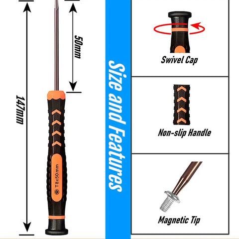 Slick Ten Piece Magnetic Torx Screwdriver Set With T2 Through T15 Security Drivers shown with swivel cap, non-slip handle, and magnetic tip.