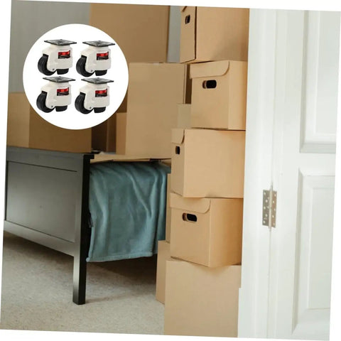 Heavy Hitting Workbench Leveling Casters Four Pack Swivel Transport Wheels on a shelf beside stacked cardboard boxes.