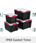 Rugged 5 Gallon Waterproof Storage Bin With Tight Gasket Seal And Heavy Duty Latches, stacked bins of various sizes including 5 and 8.5 gallons.