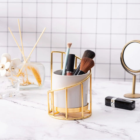 White And Gold Ceramic Pen Holder With Metal Frame For Desk Aesthetic Pencil Cup And Makeup Brush Organizer Chic Office