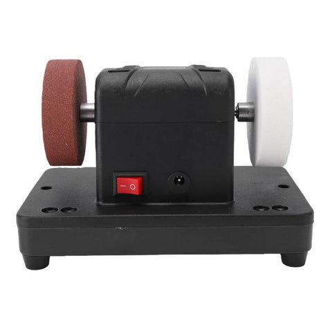Badass Cordless Mini Bench Grinder With A Powerhouse Copper Motor and Variable Speed Dual Wheels for 18V Batteries side view with grit wheels.