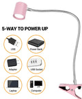 Pink clip on reading light with memory function, 3 color temperatures, 10 brightness levels, gooseneck, and power options.