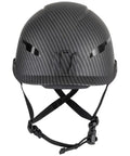 Front view of Non-Vented Class E Safety Helmet With Rechargeable Lamp And Chin Strap KARBN Pattern, hydro-dipped protection helmet.