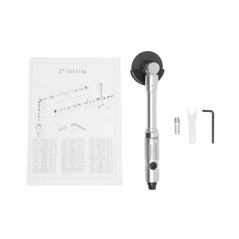 Rugged Pneumatic Cut Off Tool With Long Handle Air Angle Grinder with accessory kit and cutting guide on a white background.