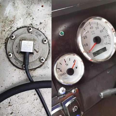 Built Tough Stainless Steel Fuel Tank Sending Unit And Electronic Fuel Gauge For Trucks RV Boats With 12 Volt 24 Power and Rock Solid Bolt On Ready Installation, showing installation on a fuel tank and dashboard gauge.