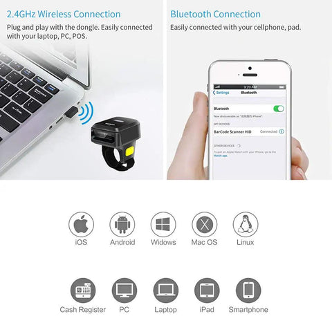 2D Bluetooth Ring Barcode Scanner Wearable Wireless Finger Mini Barcode Reader That Lets You Scan On The Fly With 2.4G And Bluetooth 4.0 For Left Or Right Hand Fast Inventory And Smooth Checkout
