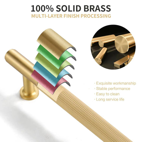 Five Pack Brushed Gold Cabinet Handles Set Made From Solid Brass with multi-layer finish processing illustration