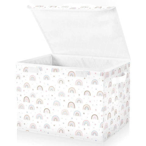 Heavy Hitter Collapsible Storage Bin With Secure Flip Top Lid And Reinforced Carry Handles For Bedroom Walk In Closet Living Room And Home Office Quick Setup No Sweat Compact Fold Toy Box Organizer with rainbow pattern.