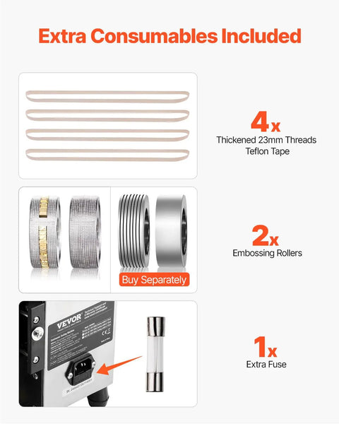 FR-900 Continuous Band Sealer consumables including Teflon tape, embossing rollers, and an extra fuse