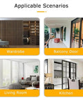 Concealed track sliding door kit scenarios: wardrobe, balcony door, living room, kitchen with smooth operation and stylish design.