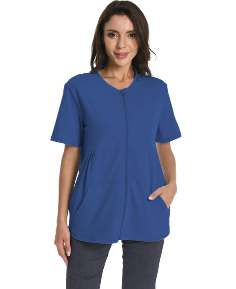 Woman wearing cozy post surgery mastectomy shirt with drain pockets for recovery breathable cotton blend in royal blue.