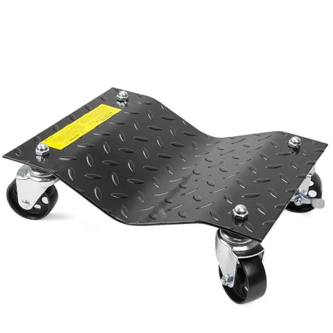 Four Pack Premium Badass Wheel Dollies For Moving Your Rig Rated At 6000 Lbs Capacity Rock Solid Steel Car Trackers And Truck Sliders Rust Free Garage Essential For One Person Job Site Rollout from close angle showing wheels.