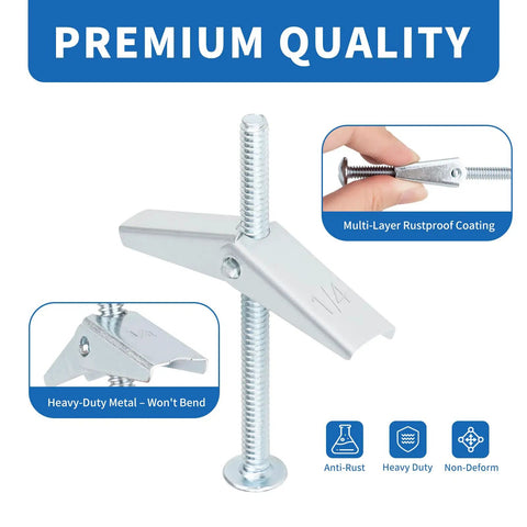Heavy Duty Hollow Wall Anchors Kit For Drywall And Ceiling Mounts With Toggle Bolts And Wing Nuts, metal construction detail