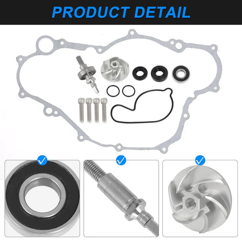 Water Pump Rebuild Kit For Yamaha YFZ450 YZ450 2004-2013 with components including seals and billet shaft for cooling repair.