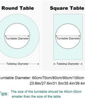 Kickass Lazy Susan Turntable For Dining Tables Featuring Smooth Spinning Motion And Top Tier Marble Look Serving Tray Huge Crowd Pleaser For Kitchens Hotels And Big Family Reunions White Gray round and square table size comparison with turntable diameter details