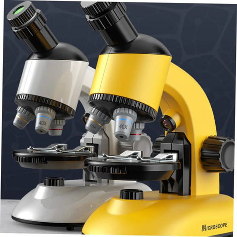 Kid Friendly Microscope Kit With High Definition Magnifier And LED Light featuring yellow and white microscopes on display