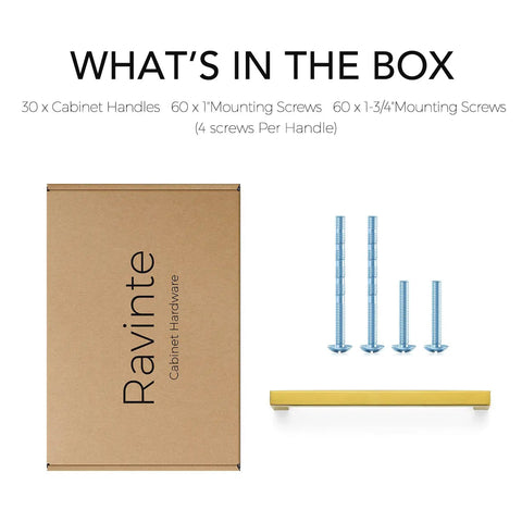 Brushed Brass Square Cabinet Handles With 6 1 4 Inch Center To Center Spacing Heavy Duty Kitchen Drawer Pulls And Vanity Hardware Durable As Heck Easy To Mount For Top Shelf Renovation Projects And Daily Grind box content showing cabinet handles, screws.