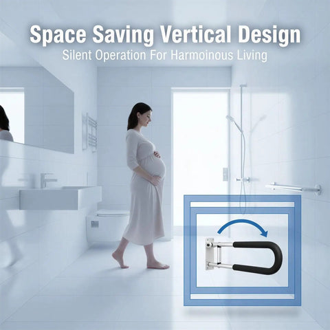 Heavy Duty Flip Up Toilet Safety Rail And Wall Mount Grab Bar Crafted From Heavy Aluminum With Sure Grip Design For Zero Hassle Setup And Stress Free Bathroom Transfers For Seniors in a bright bathroom setting.