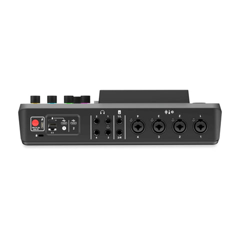 Back view of an all-in-one audio mixer in the Kickstart Your Streaming Legacy With This Dope 3 Host Podcast Console Bundle.