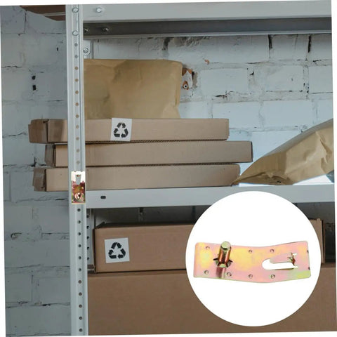10 Pack Teardrop Pallet Rack Safety Clips, Badass Beam Lock Pins for Secure Shelving installed on warehouse rack with boxes.
