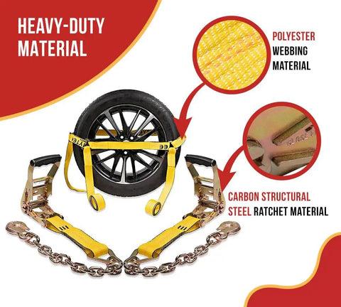 4 Pack 2x10 Inch Heavy Duty Wheel Tie Down Straps With Double Ratchets And Chain Anchors 3300 Lbs Working Load Limit on tire.