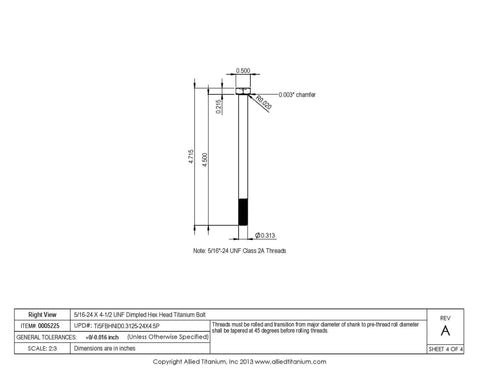 5/16 24 UNF Premium Pure Titanium Hex Head Bolts 4 1/2 Inches detailed technical drawing for marine applications.
