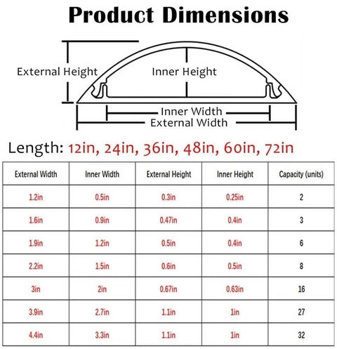 Dimensions chart for Paintable Aluminum Cable Raceway Kit With Self Adhesive Cord Cover For Floor And Wall Keeps Wires Hidden